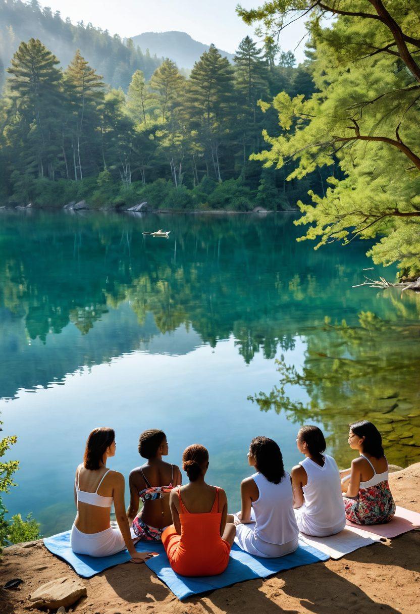 A serene lakeside scene where a diverse group of patients engages in a thoughtful discussion about kidney treatment ethics, surrounded by calming water. In the backdrop, artistic representations of bikini fashion reflect dignity and individuality, symbolizing empowerment. Subtle motifs of medical elements like kidneys and healthcare symbols blend into the natural setting. The colors should be soothing yet vibrant. super-realistic. vibrant colors. peaceful scenery.
