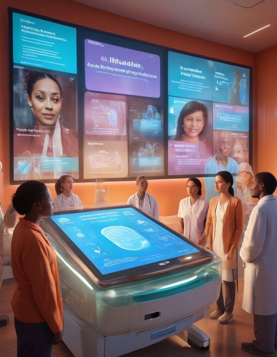 A confident and diverse group of patients gathered around a large, transparent digital screen displaying healthcare policies and ethical guidelines. Symbolic imagery of dialysis machines in the background, surrounded by a feeling of support and empowerment. Bright and hopeful atmosphere with warm lighting, showcasing various cultural backgrounds represented among the patients. super-realistic. vibrant colors. 3D.